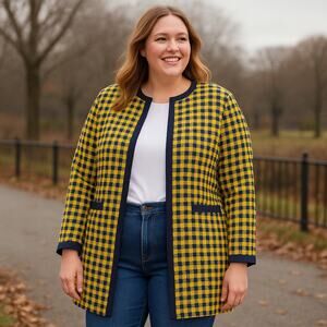 Boden Longline Check Coat Yellow Navy Size 16